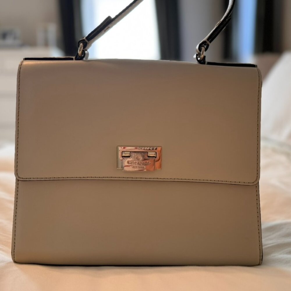 kate spade taupe satchel with black handle and gold-tone hardware